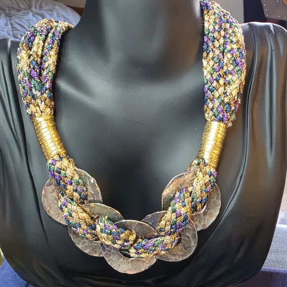 Multicolor Braided Statement Necklace Gold Silver Accents RR 570 - Picture 3 of 11